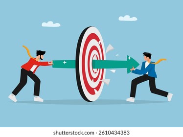 Two Businessmen Working Together to Hit the Target. Business Strategy and Team Collaboration Concept Flat Vector Illustration