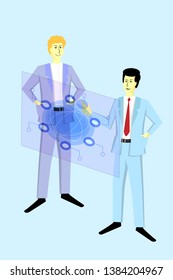 Two businessmen working together with interactive touch screen board. Concept of digital future, virtual reality and innovation. Idea boost, brain storming. Vector illustration in flat cartoon style