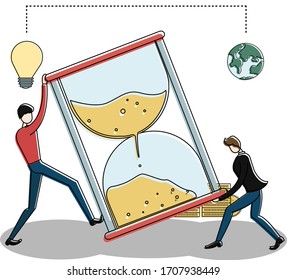 Two businessmen working together  lifting and carrying big hourglass with light bulb and earth in the background