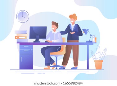 Two businessmen working together in an office discussing data on a desktop computer monitor in a teamwork concept, colored vector illustration