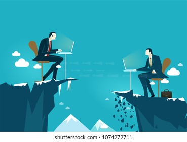 Two businessmen working together on the edge of canyon in very risky situation. Building the business together, professional support and consultancy concept.