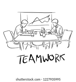 two businessmen working together on table with chart on the board vector illustration sketch doodle hand drawn with black lines isolated on white background
