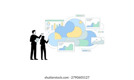 Two businesspeople collaborating with digital tablets, reviewing analytics and data visualizations stored in a cloud, representing teamwork and cloud computing solutions.