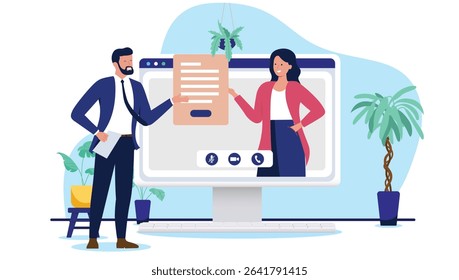 Two businesspeople conducting an online video meeting or conference call, with a man presenting documents and a woman interacting on a large computer screen. Flat design vector illustration