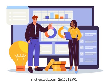 Two businesspeople discussing data in front of large screens showing charts and graphs, flat graphic style, white background, concept of teamwork and analytics. Vector illustration
