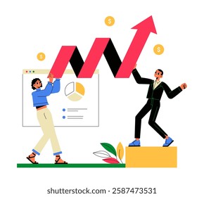 Two Businesspeople Holding Growth Arrow in Flat Vector Illustration Symbolizing Success, Profit, and Financial Growth, Isolated on White Background