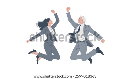 Two businesspeople jumping up and down, senior man and young woman with triumphant pose