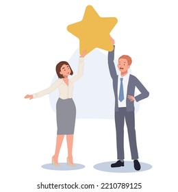 Two of businesspeople reached a star. Teamwork, target aspiration, competition concept. vector illustration.