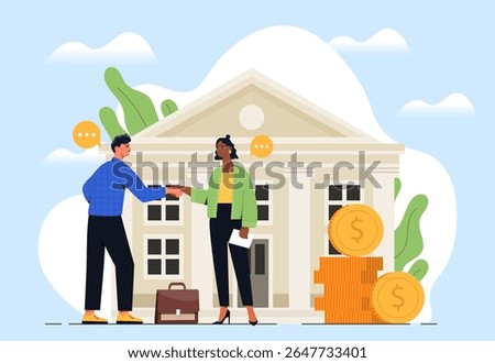 Two businesspeople shaking hands in front of a bank with coins stacked nearby, in a flat graphic style on a blue sky background. Concept of finance and agreement. Vector illustration
