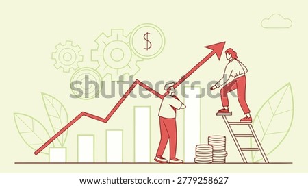 Two businesspeople working together to increase financial growth and success, symbolized by rising arrow and coins.