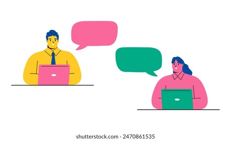 Two businessperson talking through speech bubbles. Concept of communication, dialogue, chat, conversation, meeting, arguing, listening. Flat vector illustration isolated on white background
