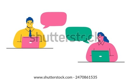Two businessperson talking through speech bubbles. Concept of communication, dialogue, chat, conversation, meeting, arguing, listening. Flat vector illustration isolated on white background
