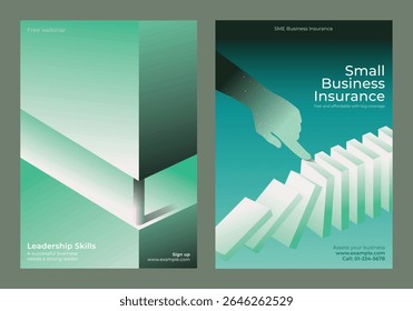 Two business-themed posters. One highlights leadership skills, the other focuses on small business insurance. Both emphasize business growth and success. Innovative business templates. Vector.