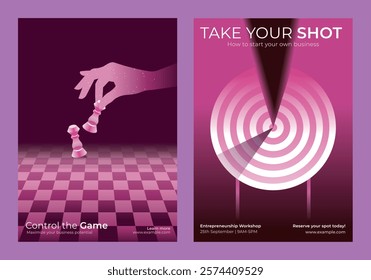 Two business-themed posters. One shows a hand moving chess pieces, symbolizing strategy. The other features a target, emphasizing focus. Both use pink tones. Innovative business templates.