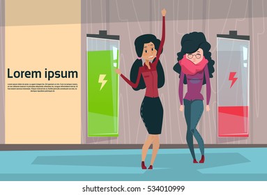 Two Businesswoman Active And Tired Business Woman Full Low Battery Flat Vector Illustration