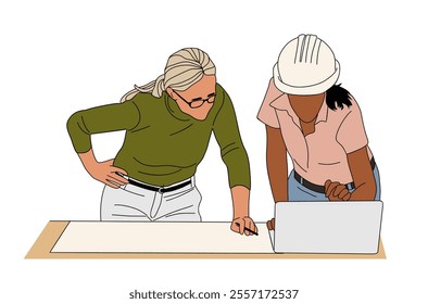 Two businesswoman, architect engineers, builders, designers working with laptop computer, blueprint construction project. Outline colored drawing isolated on white background