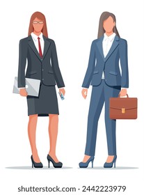 Two businesswoman in grey suit isolated on white. Female character. Business woman with laptop and briefcase. Office employee or worker, manager, sales, bank clerk. Flat cartoon vector illustration