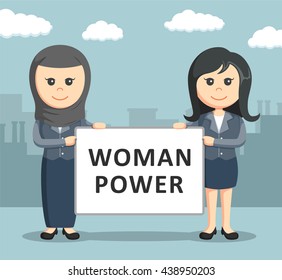 two businesswoman holding a woman power board