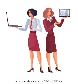two businesswoman with laptops in their hands successfully solve a difficult problem, isolated object on a white background,