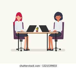 Two businesswoman working with laptop to admistration. Animation scene business people colleague for motion graphic.