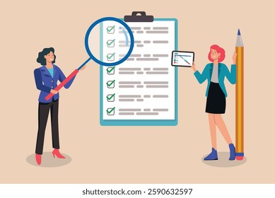 Two businesswomen analyzing a checklist on clipboard, using a magnifying glass and a digital tablet with data analysis, for auditing and quality control