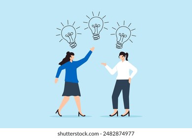 Two businesswomen brainstorming with light bulb above head concept creativity ideas and problem-solving