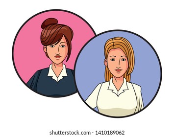 two businesswomen with bun and long hair girls avatar cartoon character profile picture portrait in round icons vector illustration graphic design