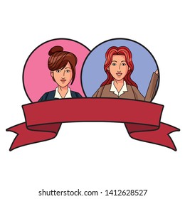 two businesswomen with bun and long hair girls avatar cartoon character profile picture portrait in round icons with ribbon banner vector illustration graphic design