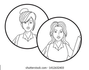 two businesswomen with bun and long hair girls avatar cartoon character profile picture portrait in round icons black and white vector illustration graphic design