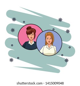 two businesswomen with bun and long hair girls avatar cartoon character profile picture portrait in round icons with pop art background vector illustration graphic design