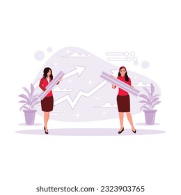 Two businesswomen carry rulers and measure the company's growth. Trend Modern vector flat illustration.