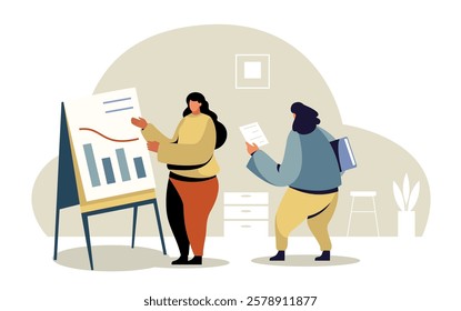 Two businesswomen are collaborating on a project, analyzing a financial chart displayed on a flip chart, one presenting data while the other reviews documents