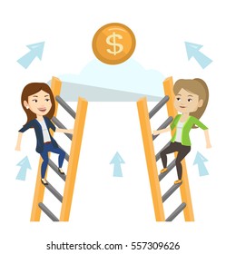 Two businesswomen competing for the money. Two competitive business women climbing the ladder on a cloud. Competition in business concept. Vector flat design illustration isolated on white background.