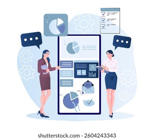 Two businesswomen discussing analytics in front of a large data dashboard interface with charts and graphs, flat graphic style. Concept of teamwork and business data analysis. Vector illustration