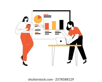 Two Businesswomen are discussing their job analysis, while looking at a large monitor screen.
design, vector, illustration