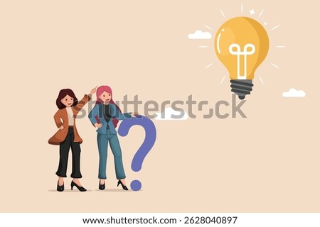 Two Businesswomen Facing a Problem Represented by a Question Mark, Looking Towards a Shining Light Bulb as Inspiration.