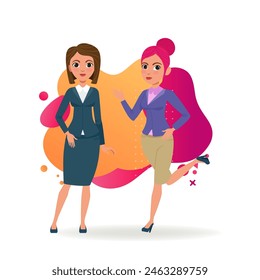 Dos mujeres de negocios en ropa formal. Personajes femeninos de dibujos animados se apresuran a trabajar en la oficina. Ilustración vectorial plana. Ocupación, oficina, concepto de colegas para Anuncio, diseño de Sitios web o página de destino