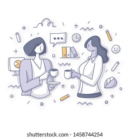 Two businesswomen having conversation during coffee break at work. Office lunchtime concept. Doodle vector illustration