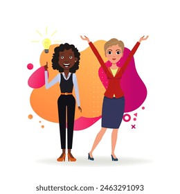 Dos mujeres de negocios que tienen una nueva idea para los negocios. Personajes afroamericanos y caucásicos en ropa formal con bombilla. Ilustración vectorial. Negocio, puesta en marcha, concepto de éxito para el Anuncio, Diseño web