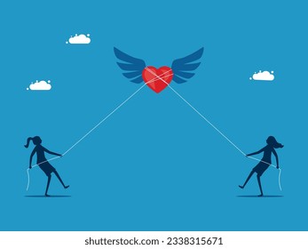 Two businesswomen help pull the heart. The competition is popular. vector