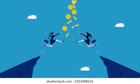 Two businesswomen jumping to grab coins. Compete in business to capture profit