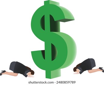 Two businesswomen kneeling and praying to a big dollar symbol