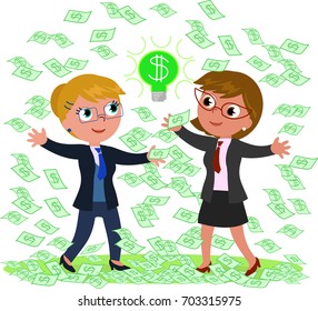 Two businesswomen with a lot of money and a good idea, vector illustration