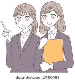 Two businesswomen pointing while looking left