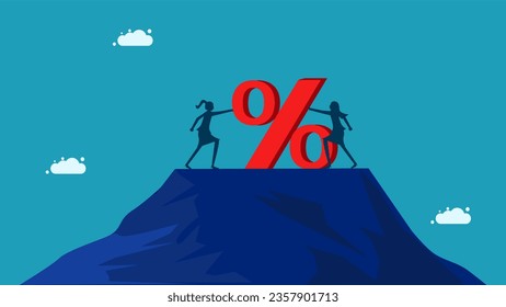 Two businesswomen pushing the percentage. Interest rate concept