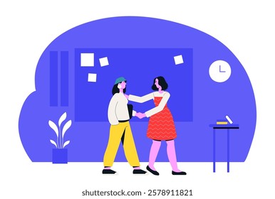 Two businesswomen shaking hands after reaching an agreement in a modern office, celebrating their teamwork and problem solving skills in a dynamic and collaborative environment