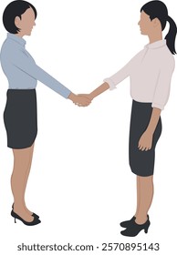 Two businesswomen shaking hands in a colorful flat vector design.