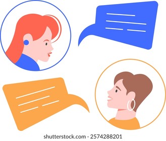 Two businesswomen with speech bubbles are communicating and discussing work remotely via online chat, sending instant messages using a mobile app