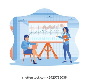 Two businesswomen using laptop and documents in meeting room. Office financial analysis with charts, graphs and candlesticks on flip board. Finance and innovation concept. 