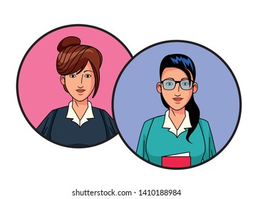 two businesswomen wearing glasses with bun avatar cartoon character profile picture portrait in round icons vector illustration graphic design